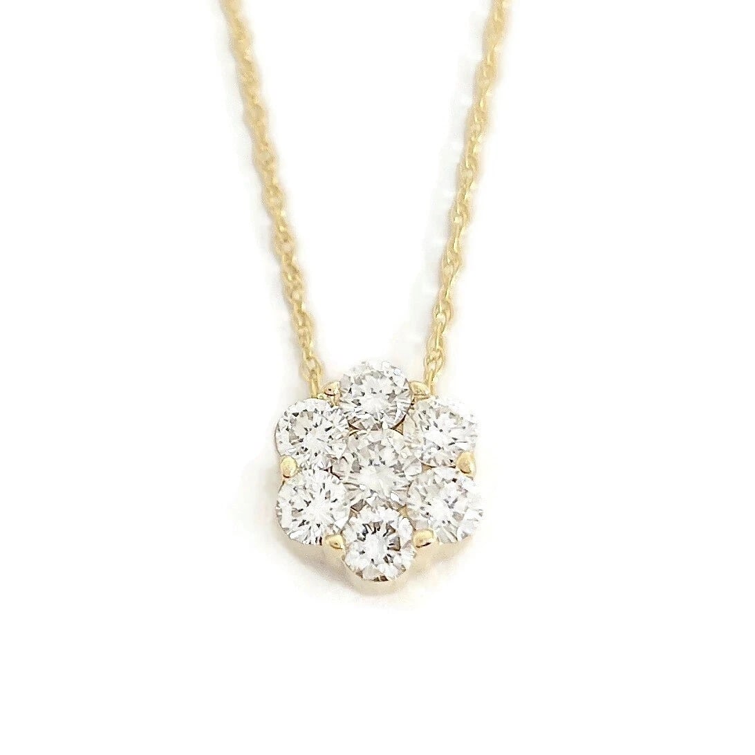 ROUND DIAMOND CLUSTER PENDANT NECKLACE 14K YELLOW GOLD: Round Diamond Cluster Pendant Necklace 14K Yellow Gold Brand: Unbranded Type: Necklace Material: 14K Yellow Gold, Main Stone/Creation Natural Color: Gold Size: Length: 19 inches Pendant: 9.7 mm A