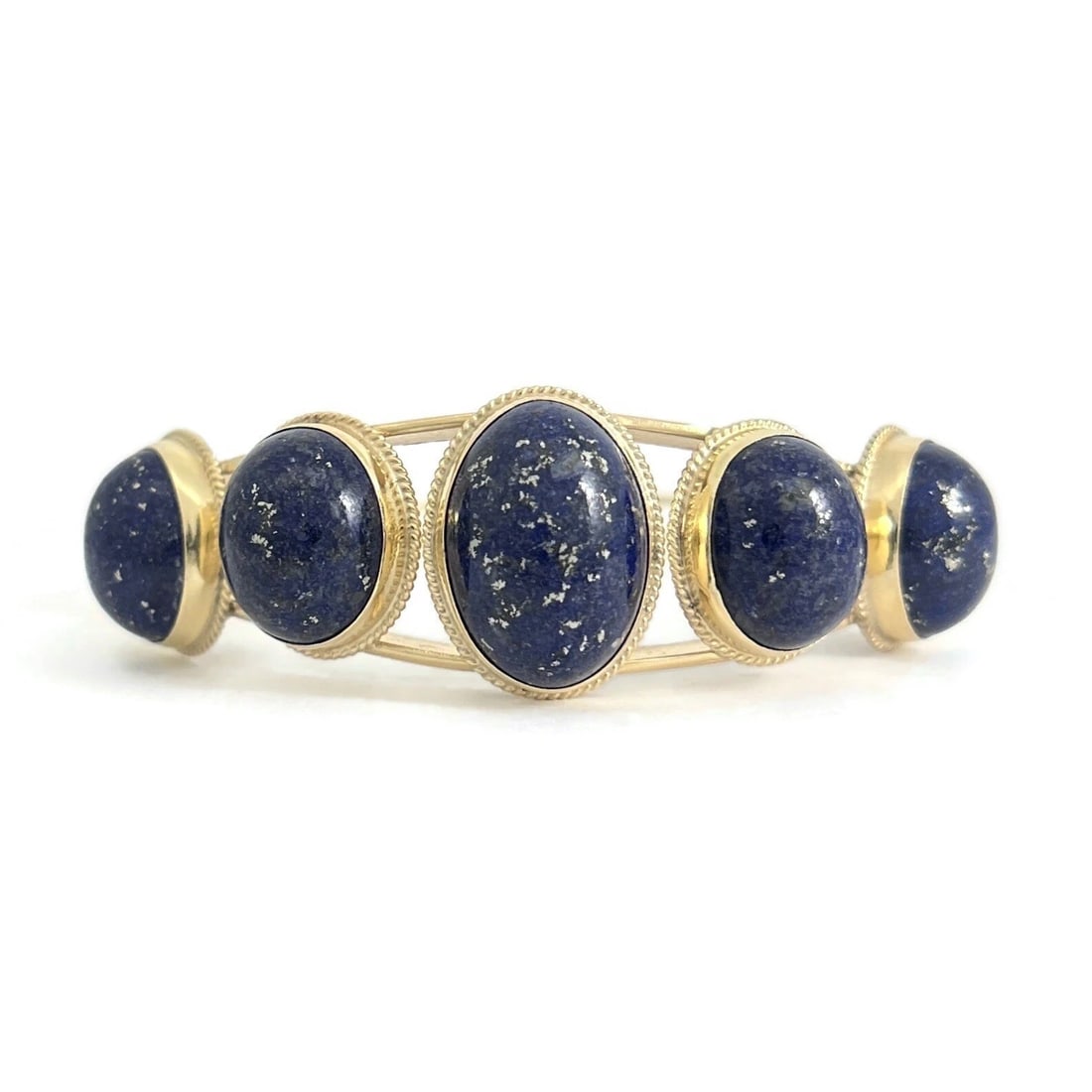 VINTAGE OVAL BLUE LAPIS LAZULI BANGLE BRACELE: Vintage Oval Blue Lapis Lazuli Bangle Bracele Brand: Estate Type: Bracelet Material: 12K yellow gold, Main Stone/Creation Natural Color: Blue Size: Length: 6.5 inches Width: 19.8 mm at top 