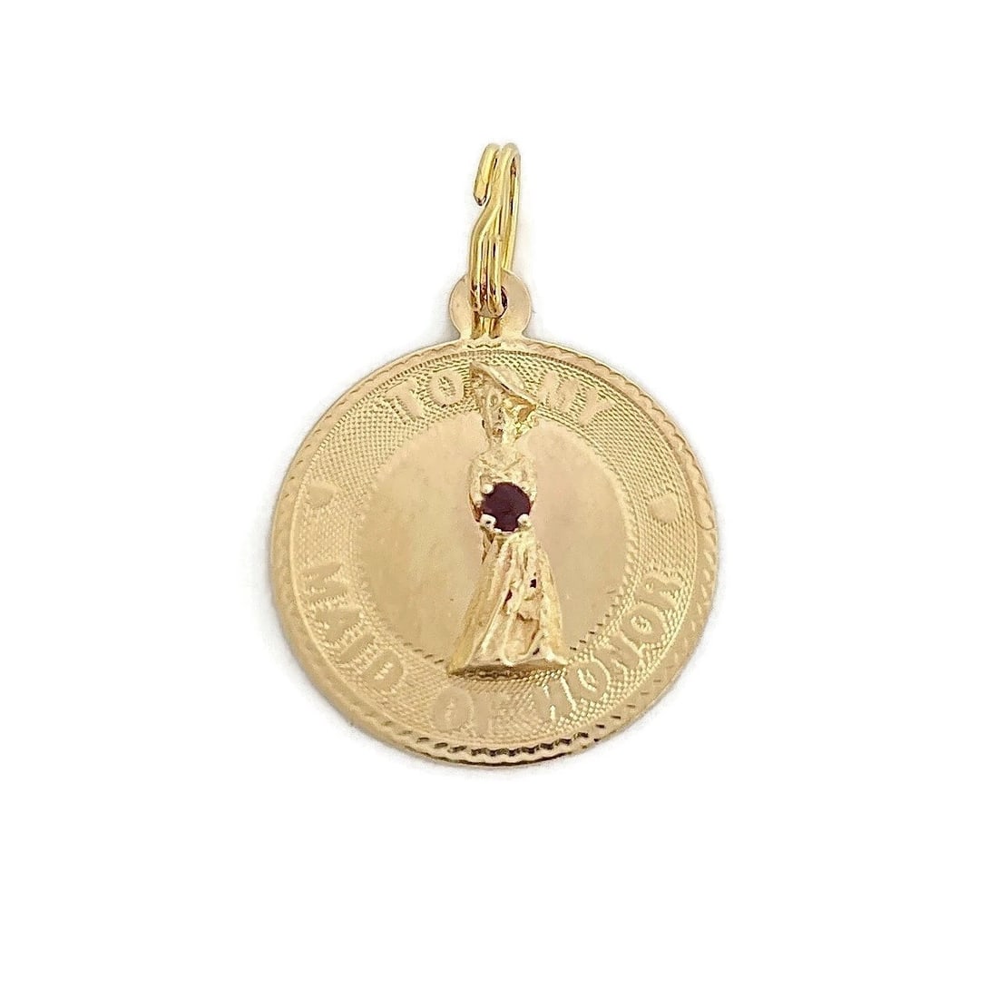VINTAGE MAID OF HONOR RUBY PENDANT CHARM: Vintage Maid of Honor Ruby Pendant Charm Brand: Estate Type: Charm Material: 14K yellow gold, Main Stone/Creation Natural Color: Gold Size: Measurements: 1.1 inch (with bale) x 19 mm Accessories:
