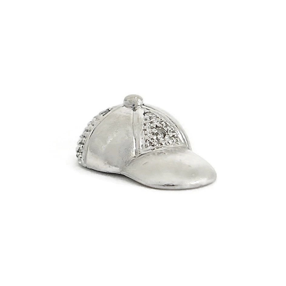 VINTAGE DIAMOND BALL CAP HAT CHARM: Vintage Diamond Ball Cap Hat Charm Brand: Estate Type: Charm Material: 14K White Gold, Main Stone/Creation Natural Color: Silver Size: Measurements: 18.5 mm x 11.7 mm Accessories: None