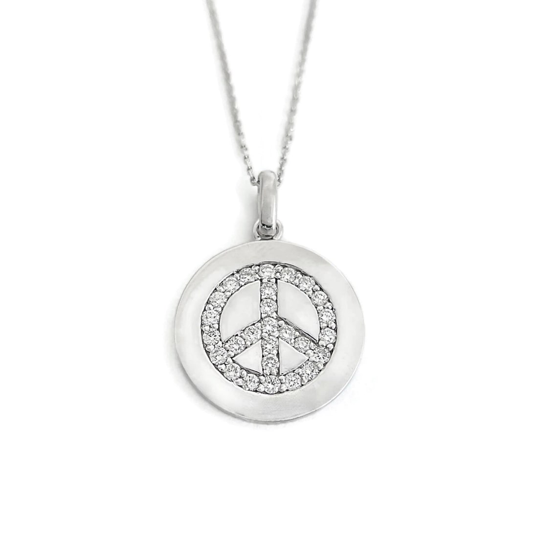 DIAMOND PEACE SIGN ROUND DISC PENDANT NECKLACE: Diamond Peace Sign Round Disc Pendant Necklace Brand: Unbranded Type: Necklace Material: 14K White Gold, Main Stone/Creation Natural Color: Silver Size: Length: 16 inches Pendant: 1.2 inches