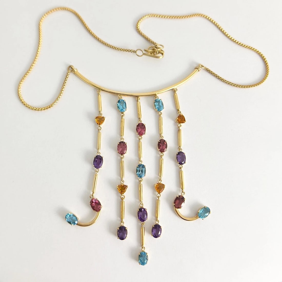 MULTICOLORED GEMSTONE DANGLE FRINGE CHAIN NECKLACE: Multicolored Gemstone Dangle Fringe Chain Necklace Brand: Unbranded Type: Necklace Material: 18K Yellow Gold, Main Stone/Creation Natural Color: Multicolor Size: Length: adjustable, 18 inches