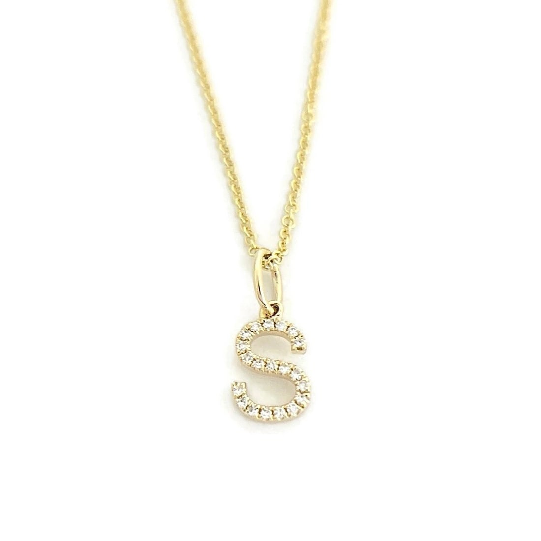 SMALL LETTER S INITIAL DIAMOND PENDANT NECKLACE: Small Letter S Initial Diamond Pendant Necklace Brand: Unbranded Type: Necklace Material: 14K Yellow Gold, Main Stone/Creation Natural Color: Gold Size: Length: 16 inches Pendant: 12.5 (with