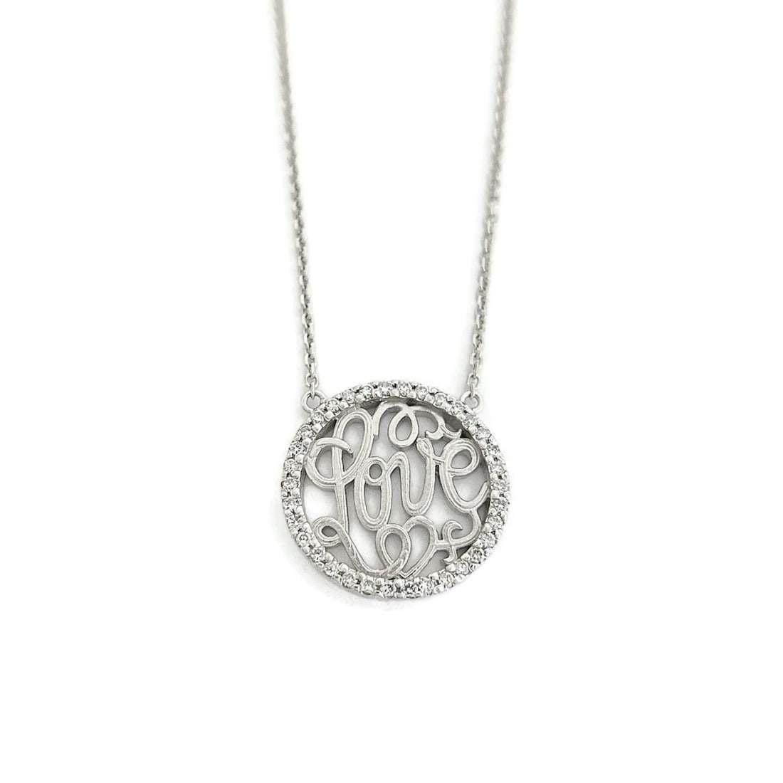 LOVE DIAMOND FILIGREE ROUND PENDANT NECKLACE: Love Diamond Filigree Round Pendant Necklace Brand: Unbranded Type: Necklace Material: 14K White Gold, Main Stone/Creation Natural Color: Silver Size: Length: adjustable 16.5 inches - 17.5
