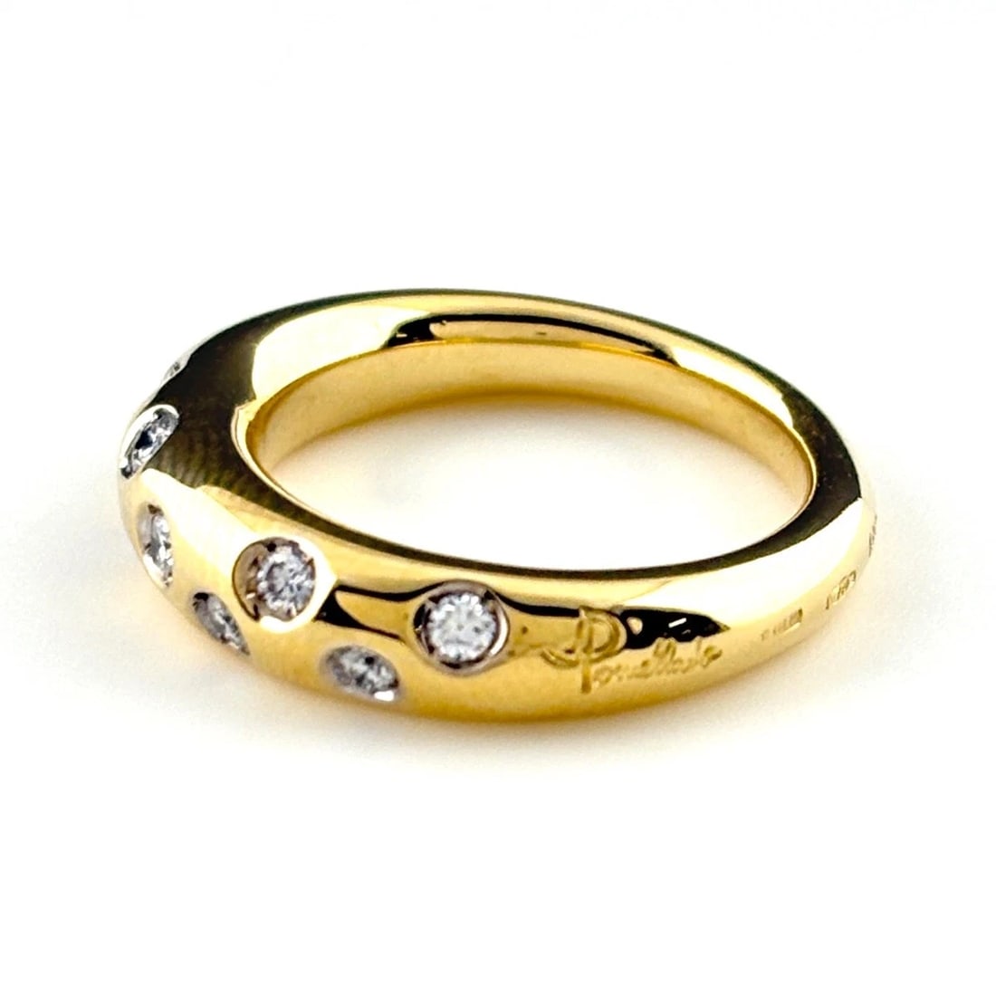 POMELLATO MELEE DIAMOND DESIGN RING: Pomellato Melee diamond design ring Brand: Pomellato Type: Ring Material: 750, Color: YellowGold Size: US 5 Accessories: None Accessories Notice: When purchasing pre-owned goods, please refer