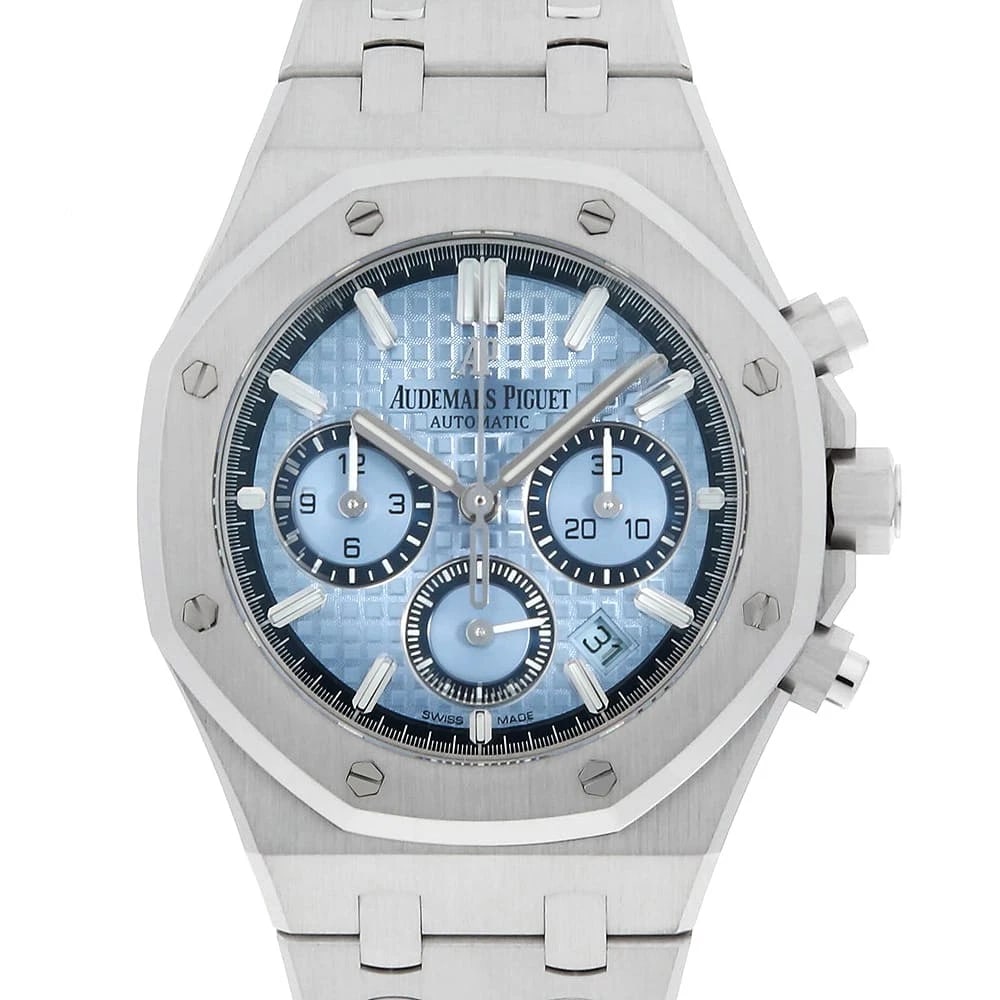 AUDEMARS PIGUET ROYAL OAK CHRONOGRAPH WRIST WATCH: AUDEMARS PIGUET Royal Oak Chronograph Wrist Watch Brand: AUDEMARS PIGUET Type: Wrist watch Material: Band Material White Gold, Case Material White Gold Color: Light Blue Size: Case:W38mm Circumfer