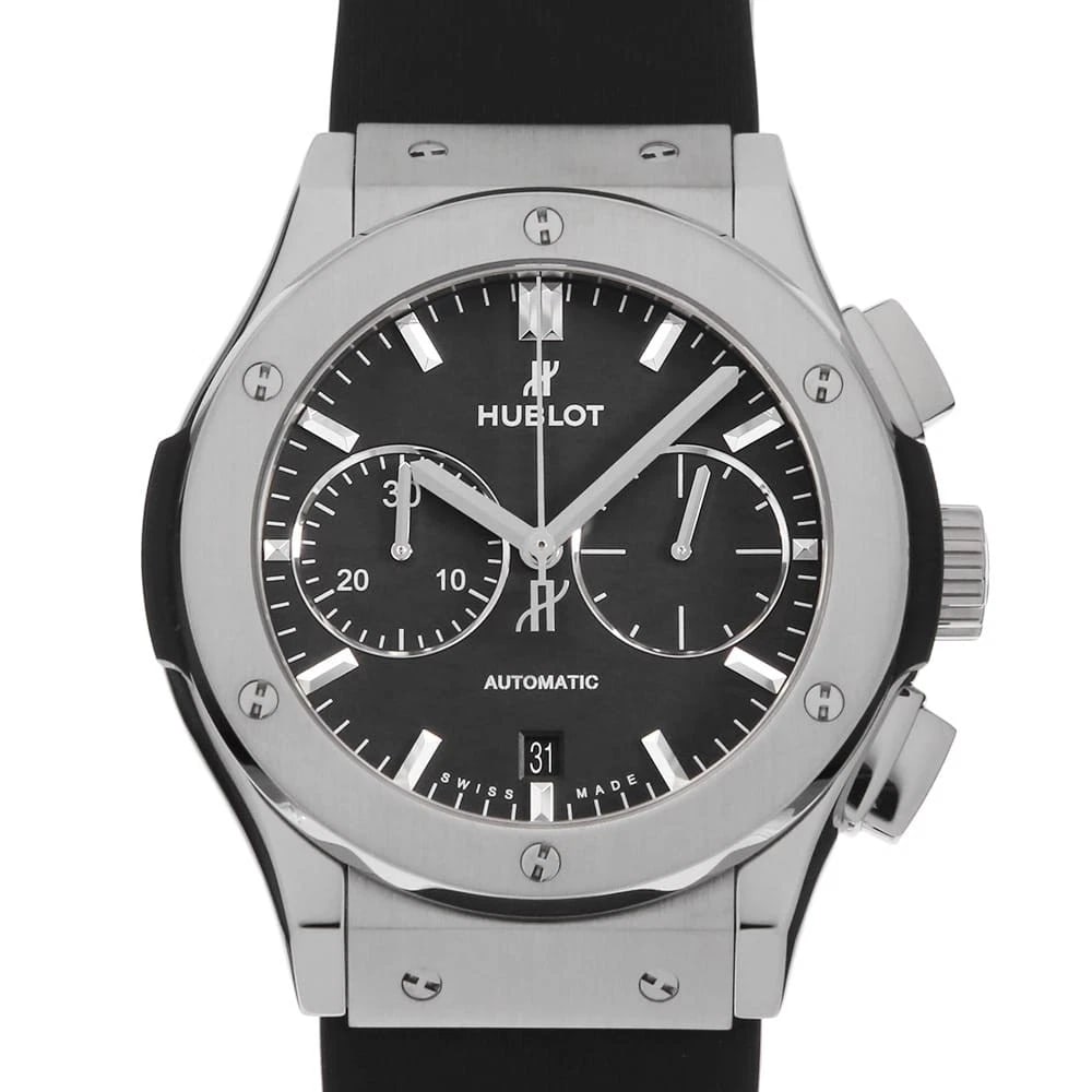 HUBLOT CLASSIC FUSION TITANIUM CHRONOGRAPH WRIST WATCH: HUBLOT Classic Fusion Titanium Chronograph Wrist Watch Brand: HUBLOT Type: Wrist watch Material: Band Material rubber, Case Material Titanium Color: Black Size: Case:W45mm Accessories: None