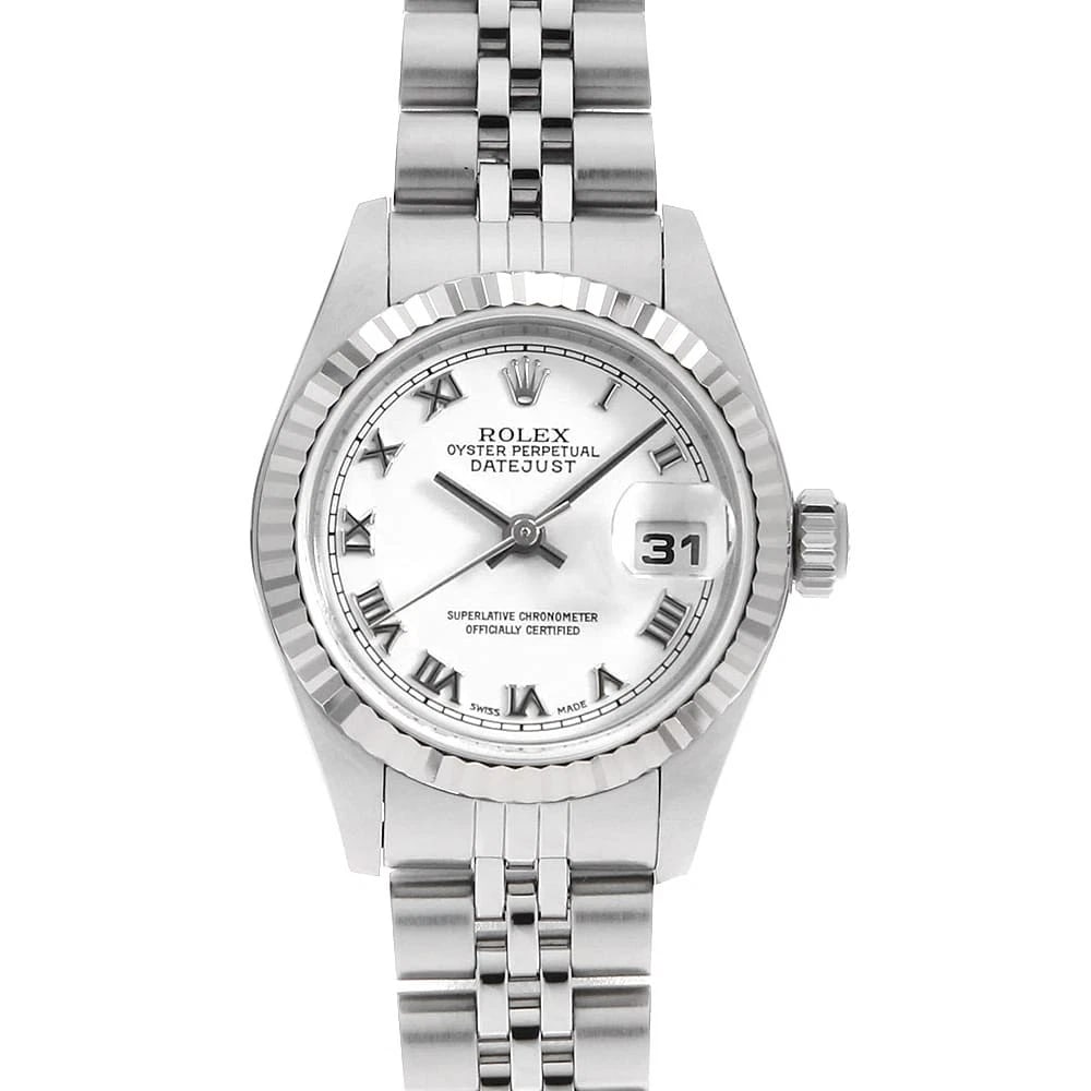 ROLEX DATEJUST WHITE ROME WRIST WATCH: ROLEX Datejust white Rome Wrist Watch Brand: ROLEX Type: Wrist watch Material: Band Material Stainless Steel, Case Material Stainless Steel/White gold Color: White Size: Case:W26mm Circumference o
