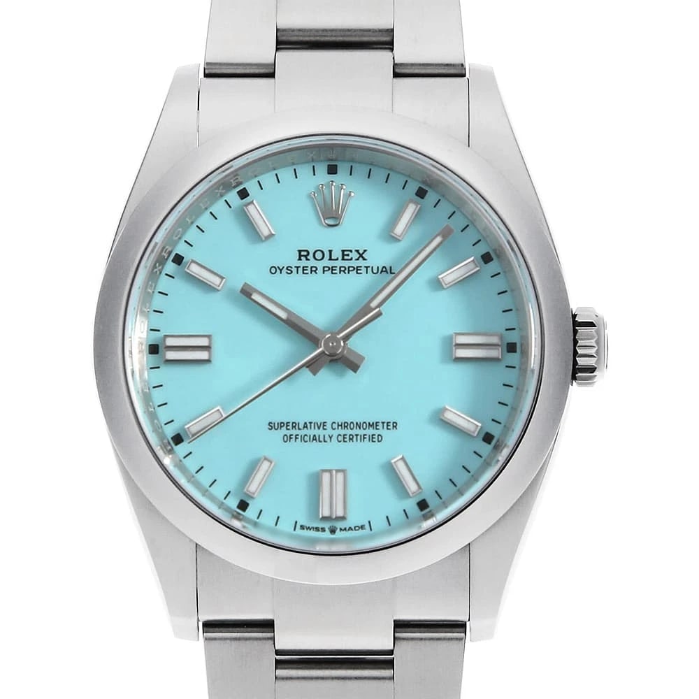 ROLEX OYSTER PERPETUAL 36 TURQUOISE WRIST WATCH: ROLEX Oyster Perpetual 36 turquoise Wrist Watch Brand: ROLEX Type: Wrist watch Material: Band Material Stainless Steel, Case Material Stainless Steel Color: Turquoise Blue Size: Case:W36mm Circumf