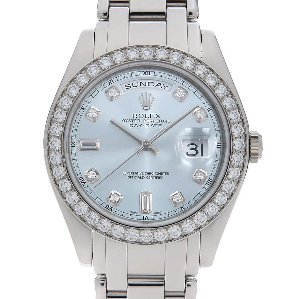 ROLEX DAY DATE PEARLMASTER BEZEL DIAMOND WRIST WATCH: ROLEX Day Date Pearlmaster Bezel Diamond Wrist Watch Brand: ROLEX Type: Wrist watch Material: Band Material Platinum, Case Material Platinum Color: Ice Blue Size: Case:W39mm Circumference of