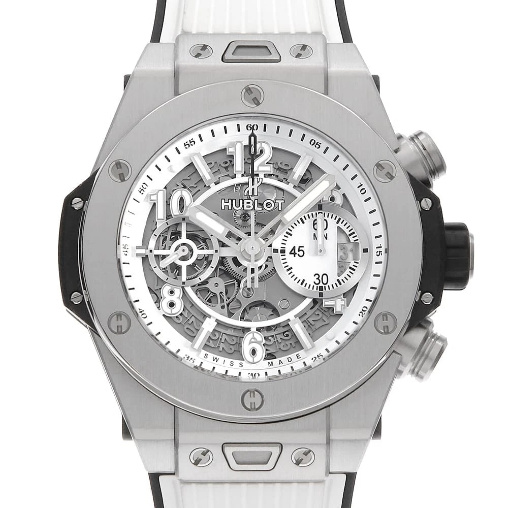 HUBLOT BIG BANG UNICO BLACK & WHITE WRIST WATCH: HUBLOT Big Bang Unico Black & White Wrist Watch Brand: HUBLOT Type: Wrist watch Material: Band Material rubber, Case Material Titanium Color: Skeleton Size: Case:W45mm Accessories: None Ac