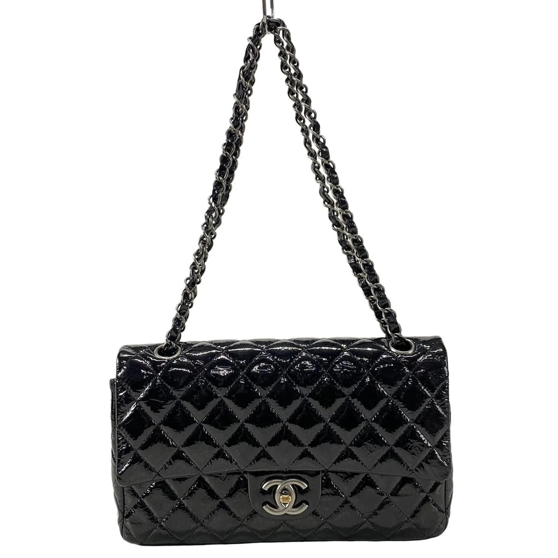 CHANEL DOUBLE FLAP MATELASSE BLACK PATENT LEATHER SHOULDER BAG SHOULDER BAG: CHANEL Double Flap Matelasse Black Patent Leather Shoulder Bag Shoulder Bag Brand: CHANEL Type: Shoulder Bag Material: Patent Leather Color: Black Size: Height : 6.3 inch (16 cm) Width : 9.84 inch