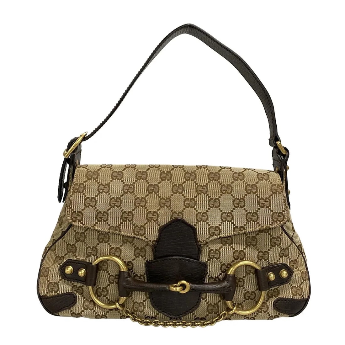 GUCCI HORSEBIT/GG BEIGE BROWN DARK BROWN JACQUARD LEATHER SHOULDER BAG: GUCCI Horsebit/GG Beige Brown Dark Brown Jacquard Leather Shoulder Bag Brand: GUCCI Type: Shoulder Bag Material: Jacquard, Leather Color: Beige, Brown, Dark Brown Size: Height : 7.87 inch (20 cm)