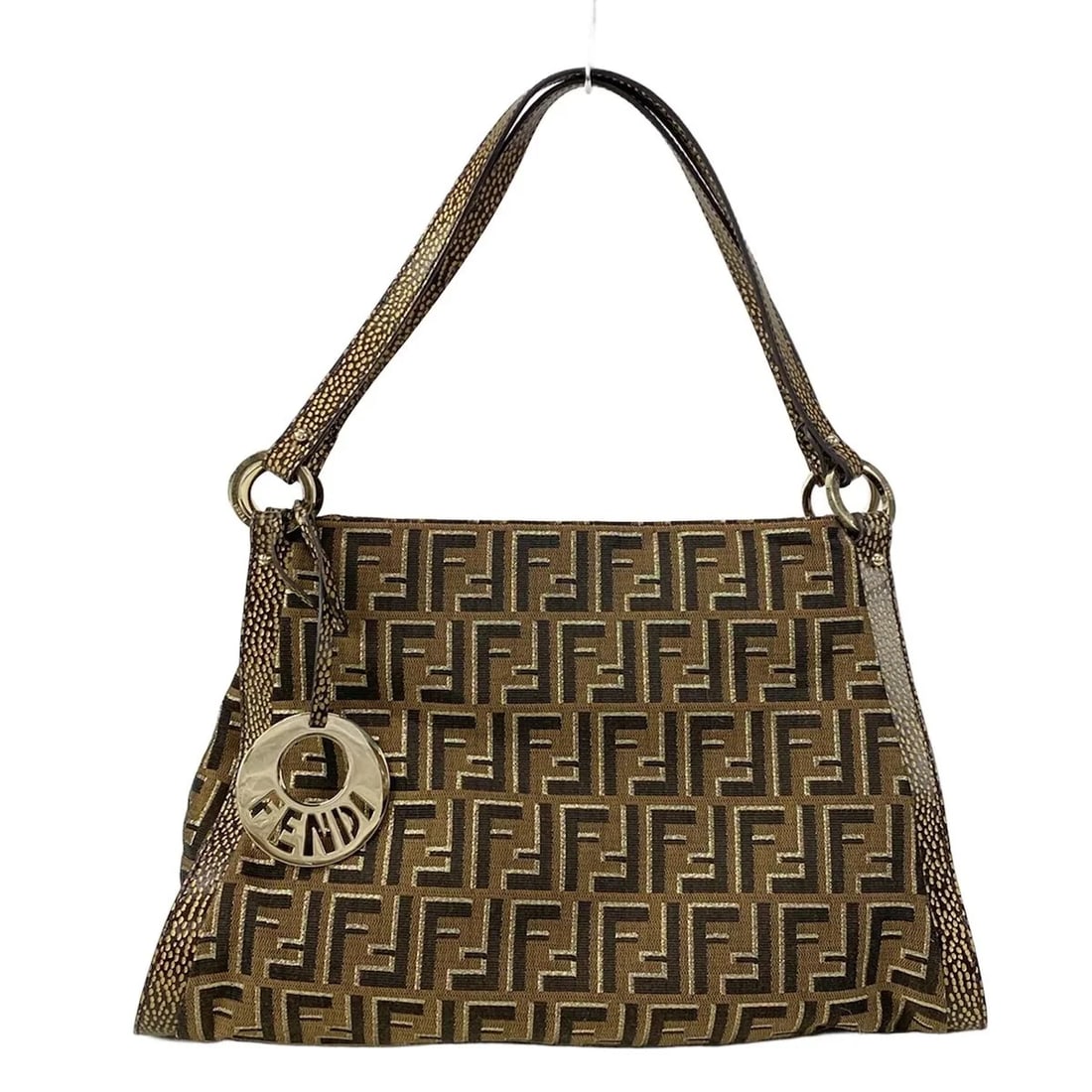 FENDI ZUCCA BEIGE LIGHT BROWN GOLD JACQUARD LEATHER SHOULDER BAG: FENDI Zucca Beige Light Brown Gold Jacquard Leather Shoulder Bag Brand: FENDI Type: Shoulder Bag Material: Jacquard, Leather Color: Beige, Light Brown, Gold Size: Height : 10.04 inch (25.5 cm) Wid