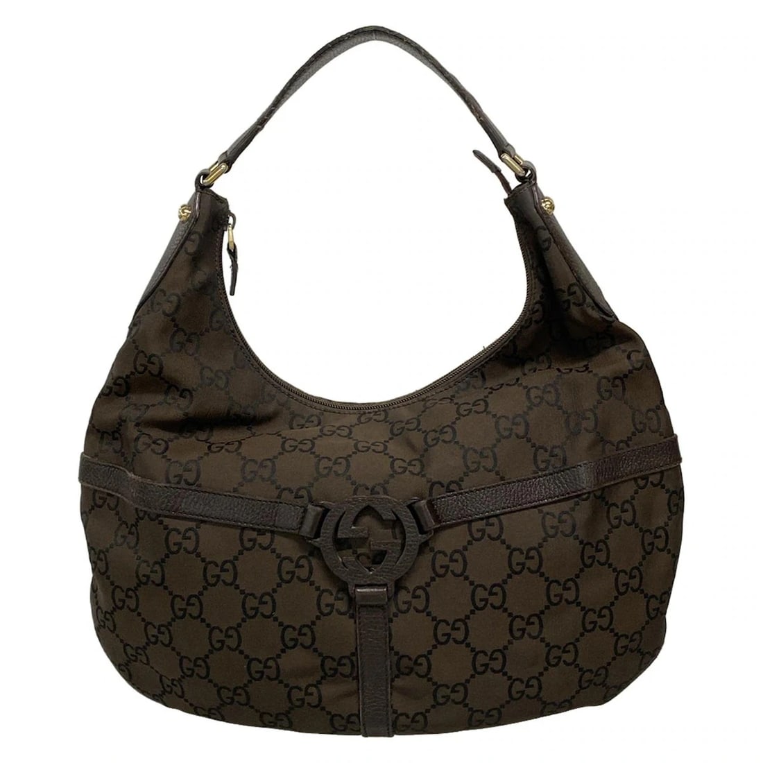 GUCCI INTERLOCKING DARK BROWN BLACK JACQUARD LEATHER SHOULDER BAG (1 of 12)