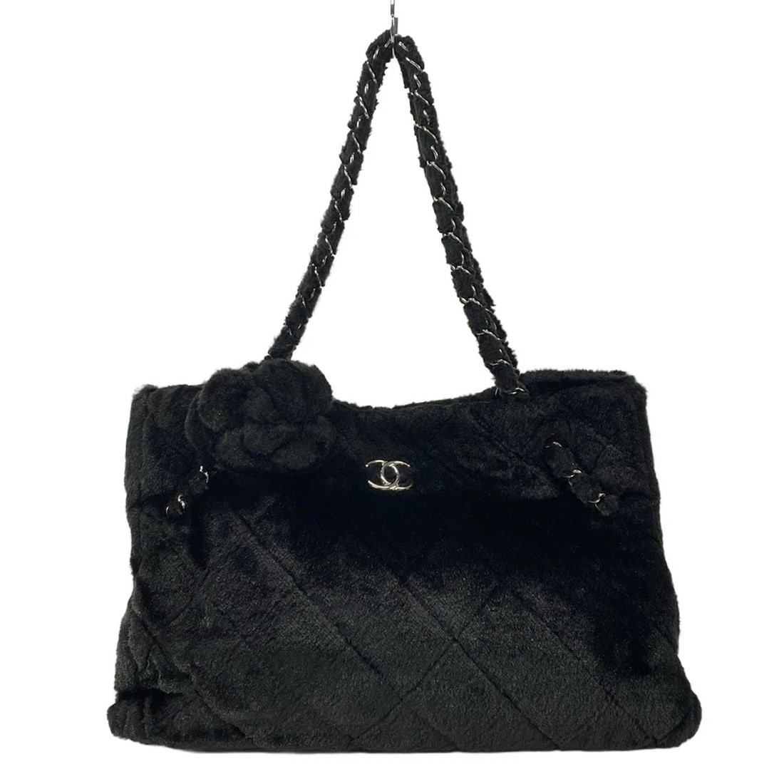CHANEL MATELASSE/CAMELLIA BLACK FAKE FUR LEATHER TOTE BAG TOTE BAG: CHANEL Matelasse/Camellia Black Fake Fur Leather Tote Bag Tote Bag Brand: CHANEL Type: Tote Bag Material: Fake Fur, Leather Color: Black Size: Height : 10.24 inch (26 cm) Width : 14.96 inch (38 cm