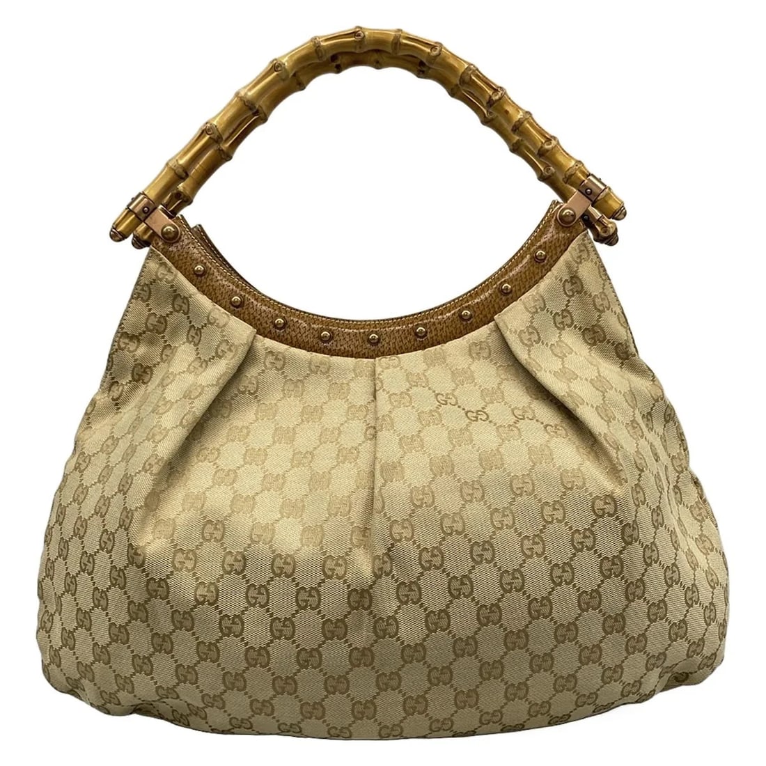 GUCCI GG/BAMBOO BEIGE BROWN JACQUARD LEATHER SHOULDER BAG SHOULDER BAG: GUCCI GG/Bamboo Beige Brown Jacquard Leather Shoulder Bag Shoulder Bag Brand: GUCCI Type: Shoulder Bag Material: Jacquard, Leather Color: Beige, Brown Size: Height : 12.2 inch (31 cm) Width : 16.7