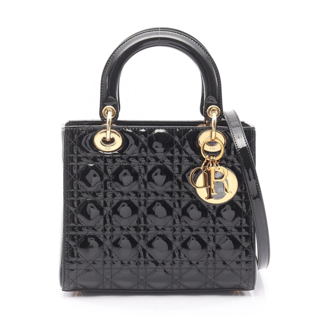 DIOR LADY DIOR SHOULDER HANDBAG PATENT LEATHER BLACK HANDBAG: Dior LADY DIOR Shoulder Handbag Patent leather Black Handbag Brand: Dior Type: Handbag Material: Patent leather Color: Black Size: (H:7.9" x W:9.4" x D:4.3") Handle?34cm(13.4") Accessories: None