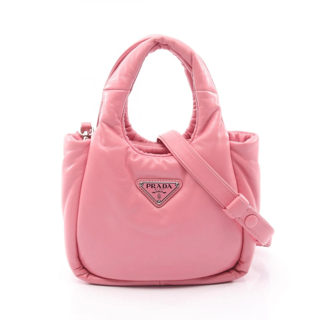 PRADA PADDED SHOULDER CROSSBODY HANDBAG: PRADA Padded Shoulder Crossbody Handbag Brand: PRADA Type: Handbag Material: leather Color: Pink Size: (H:5.9" x W:7.5" x D:3.3") Handle?28cm(11.0") Accessories: None Accessories Notice: When