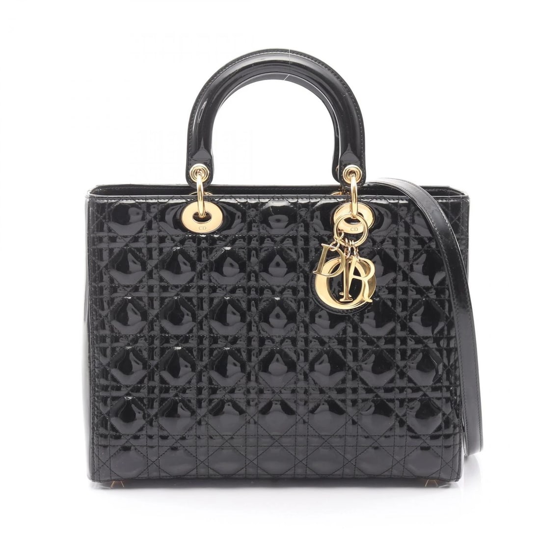 CHRISTIAN DIOR LADY DIOR LARGE CANNAGE SHOULDER TOTE HANDBAG: Christian Dior Lady Dior Large Cannage Shoulder tote Handbag Brand: Dior Type: Handbag Material: Patent leather Color: Black Size: (H:9.8" x W:12.6" x D:4.3") Handle?36cm(14.2") Accessories: None