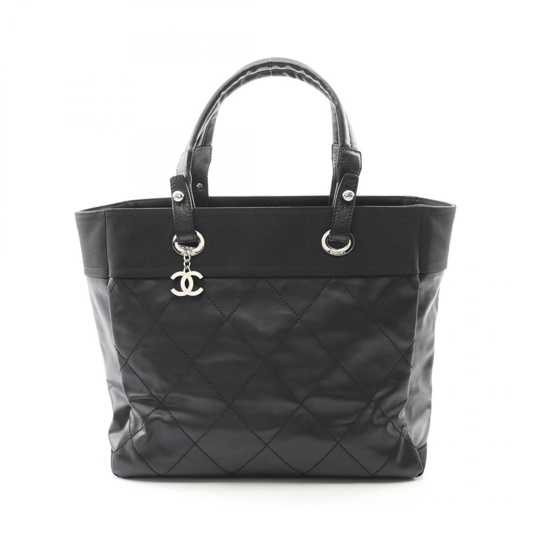CHANEL PARIS BIARRITZ MM TOTE BAG PVC COATED TOTE BAG: CHANEL Paris Biarritz MM Tote Bag PVC coated Tote Bag Brand: CHANEL Type: Tote Bag Material: PVC coated canvas Color: Black Size: (H:11.8" x W:13.4" x D:6.3") Handle?48cm(18.9") Accessories: