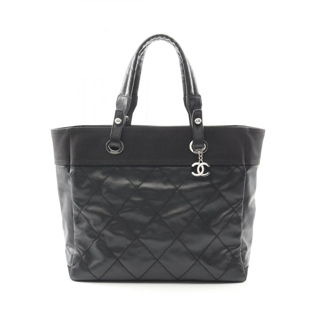 CHANEL PARIS BIARRITZ MM TOTE HAND BAG TOTE BAG: CHANEL Paris Biarritz MM Tote hand Bag Tote Bag Brand: CHANEL Type: Tote Bag Material: PVC coated canvas Color: Black Size: (H:11.8" x W:13.4" x D:6.3") Handle?48cm(18.9") Accessories: None