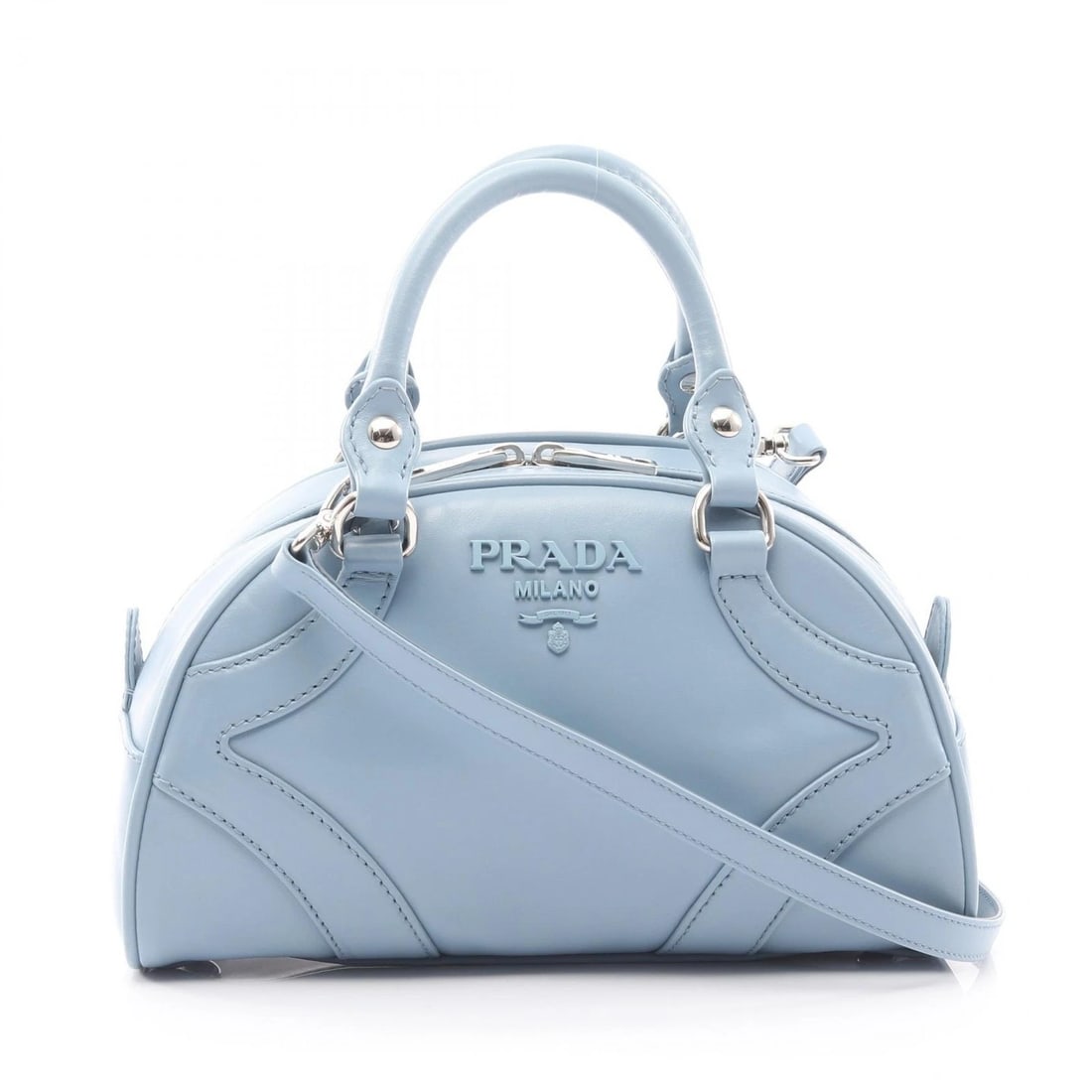 PRADA SOFT CALF BOWLING CROSSBODY SHOULDER HANDBAG: PRADA SOFT CALF bowling crossbody shoulder Handbag Brand: PRADA Type: Handbag Material: leather Color: Blue Size: (H:6.5" x W:10.8" x D:4.9") Handle?32cm(12.6") Accessories: None Accessori