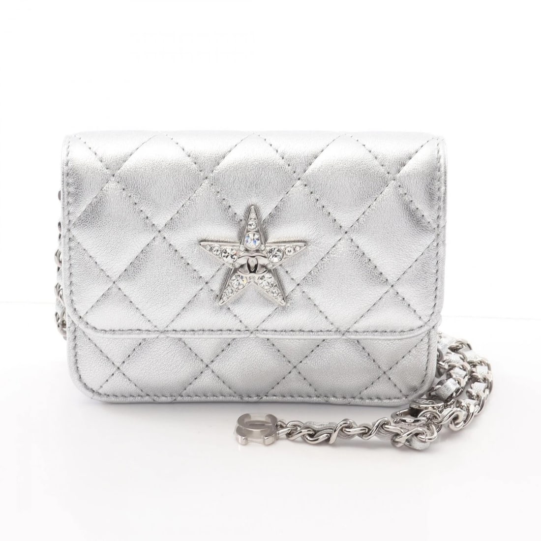 CHANEL MATELASSE STAR MOTIF CHAIN SHOULDER BAG: CHANEL Matelasse Star Motif Chain Shoulder Bag Brand: CHANEL Type: Shoulder Bag Material: Lambskin (sheep leather) Color: Silver Size: (H:3.7" x W:4.7" x D:1.2") Shoulder?85cm(33.5") Accessories: