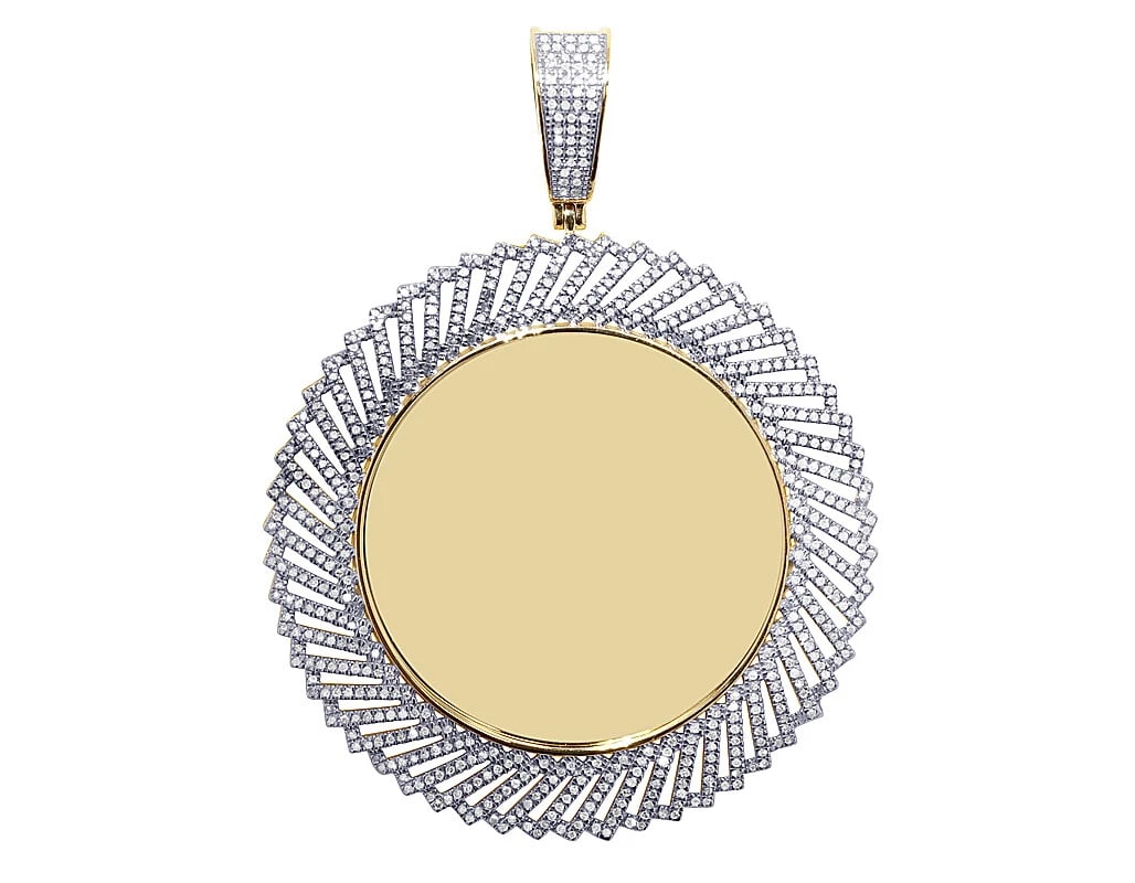 BASKET FRAME REAL DIAMOND ROUND MEMORY PENDANT: Basket Frame Real Diamond Round Memory Pendant Brand: None Type: Pendant Material: 10k Yellow Gold, Main Stone/Creation Natural Color: Yellow Gold Size: Dimension L 2.6", W 2" Accessories: None