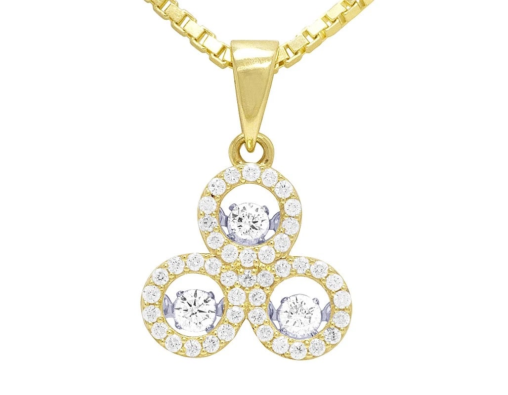 10K YELLOW GOLD DANCING REAL DIAMOND TRINITY PENDANT: 10K Yellow Gold Dancing Real Diamond Trinity Pendant Brand: None Type: Pendant Material: 10k Yellow Gold, Main Stone/Creation Natural Color: Yellow Gold Size: Dimension 0.8" Accessories: None
