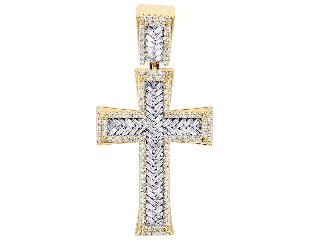 BAGUETTE DIAMOND 10K YELLOW GOLD CROSS PENDANT: Baguette Diamond 10K Yellow Gold Cross Pendant Brand: None Type: Pendant Material: 10k Yellow Gold, Main Stone/Creation Natural Color: Yellow Gold Size: Dimension L 2" , W 25.9 MM 