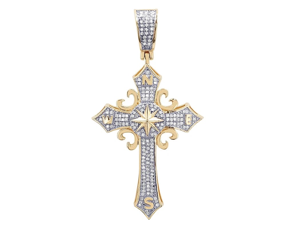 3 ROW REAL DIAMOND COMPASS CROSS PENDANT: 3 Row Real Diamond Compass Cross Pendant Brand: None Type: Pendant Material: 10k Yellow Gold, Main Stone/Creation Natural Color: Yellow Gold Size: Dimension L 2.03 , W 27.1MM Accessories: