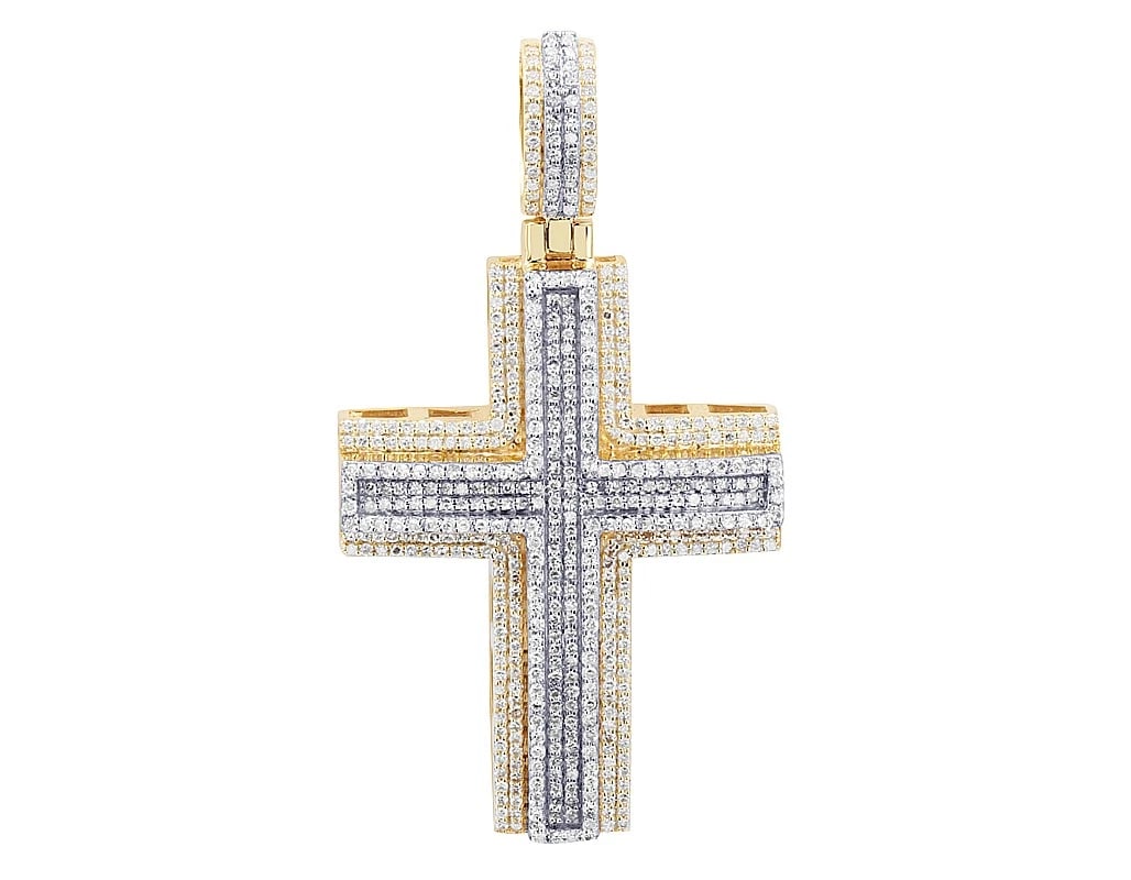 ICED-OUT 10K YELLOW GOLD CROSS PENDANT: Iced-out 10k Yellow Gold Cross Pendant Brand: None Type: Pendant Material: 10k Yellow Gold, Main Stone/Creation Natural Color: Yellow Size: Dimension L 2" , W 28.1 MM Accessories: None