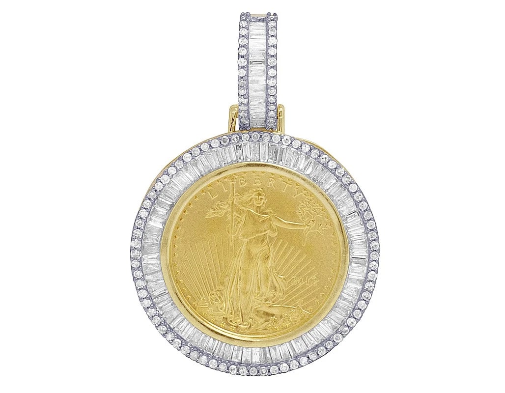10K YELLOW GOLD REAL DIAMOND BAGUETTE LIBERTY COIN PENDANT: 10K Yellow Gold Real Diamond Baguette Liberty Coin Pendant Brand: None Type: Necklace Material: 10k Yellow Gold, Main Stone/Creation Natural Color: Yellow Gold Size: Dimension 1.3" 
