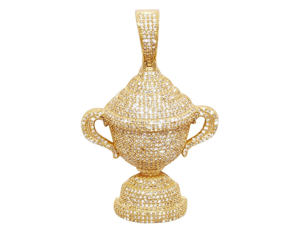 TROPHY REAL DIAMOND PENDANT 10K YELLOW GOLD: Trophy Real Diamond Pendant 10K Yellow Gold Brand: None Type: Necklace Material: 10k Yellow Gold, Main Stone/Creation Natural Color: Yellow Gold Size: Dimension 1.6" Accessories: None