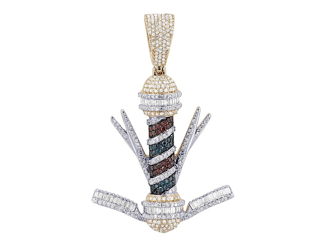 BAGUETTE BARBERPOLE REAL DIAMOND LOGO PENDANT: Baguette Barberpole Real Diamond Logo Pendant Brand: None Type: Pendant Material: 10k Yellow Gold, Main Stone/Creation Natural Color: Yellow Gold Size: Dimension L 1.9", W 0.4" Accessories: None