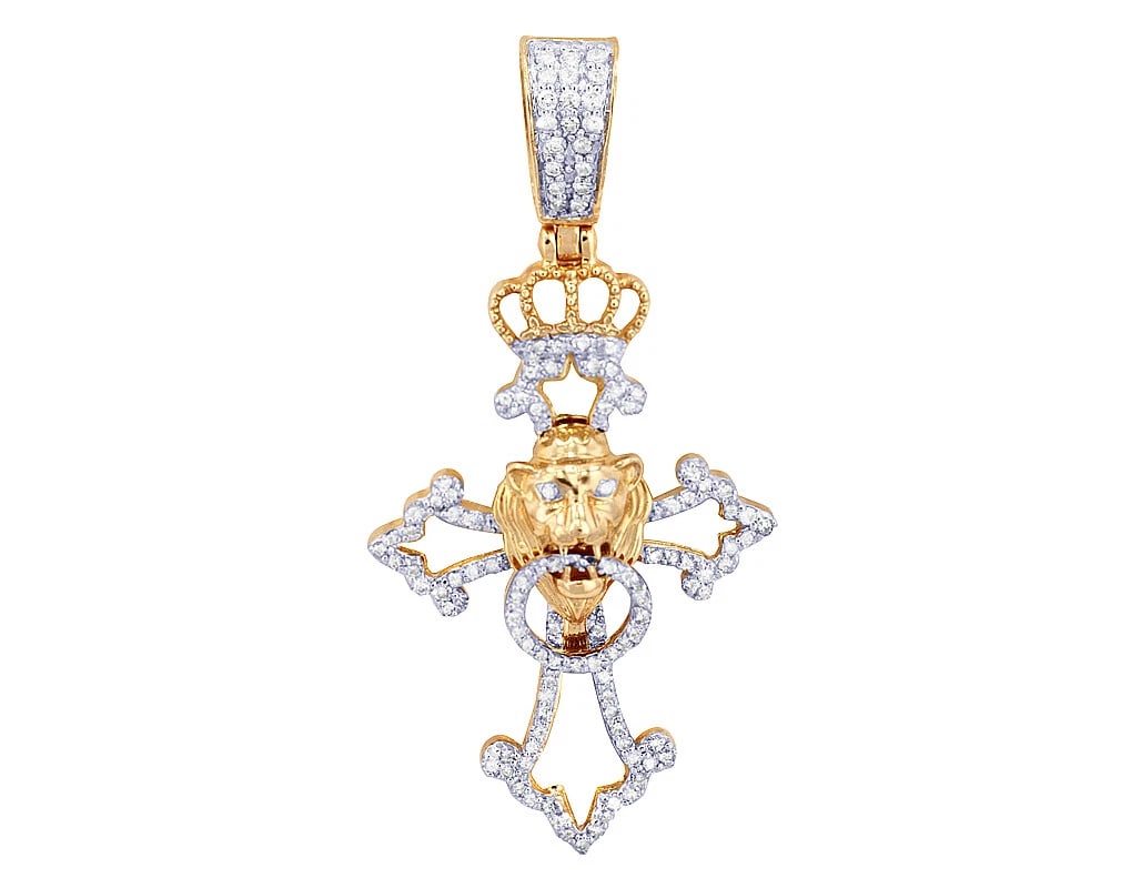 LION ON CROWNED CROSS REAL DIAMOND PENDANT: Lion on Crowned Cross Real Diamond Pendant Brand: None Type: Pendant Material: 10k Yellow Gold, Main Stone/Creation Natural Color: Yellow Gold Size: Dimension W 23mm, L 48mm Accessories: None