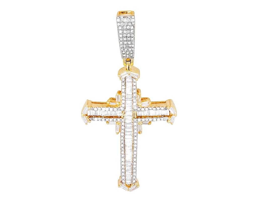 BAGUETTE REAL DIAMOND CROSS PENDANT: Baguette Real Diamond Cross Pendant Brand: None Type: Necklace Material: 10k Yellow Gold, Main Stone/Creation Natural Color: Yellow Gold Size: Dimension W 23mm, L 48mm Accessories: None Ac
