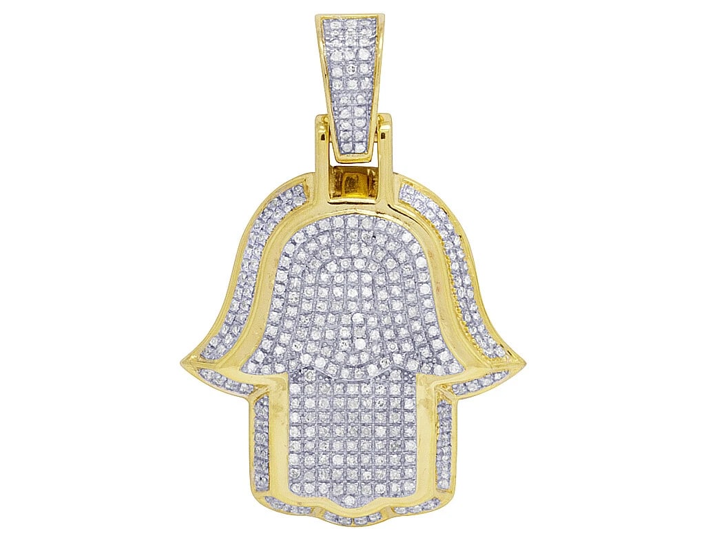 10K YELLOW GOLD REAL DIAMOND HAMSA 3D PENDANT CHARM: 10K Yellow Gold Real Diamond Hamsa 3D Pendant Charm Brand: None Type: Necklace Material: 10k Yellow Gold, Main Stone/Creation Natural Color: Yellow Gold Size: Dimension 1.5" Accessories: None
