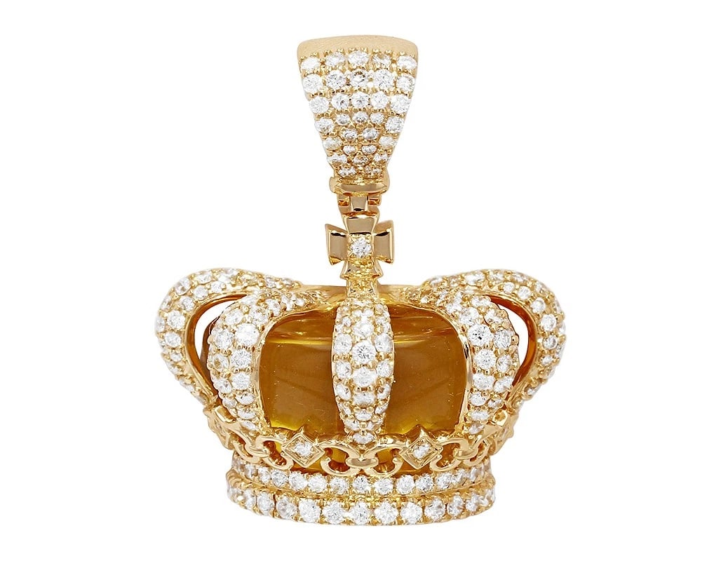 CROWN REAL DIAMOND PENDANT 10K: Crown Real Diamond Pendant 10K Brand: None Type: Pendant Material: 10k Yellow Gold, Main Stone/Creation Natural Color: Yellow Gold Size: Dimension 1.3" Accessories: None Accessories Notice