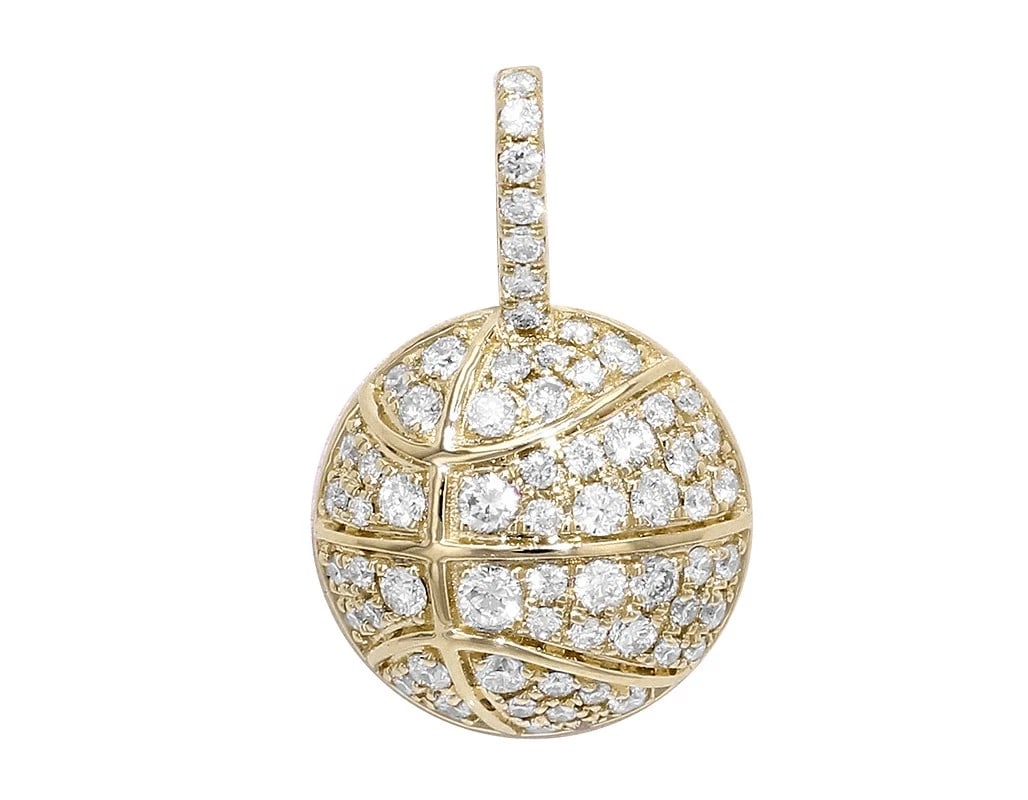 BASKETBALL 0.60CT REAL DIAMOND PENDANT 14K YELLOW GOLD: Basketball 0.60CT Real Diamond Pendant 14K Yellow Gold Brand: None Type: Pendant Material: 14k Yellow Gold, Main Stone/Creation Natural Color: Yellow Gold Size: Dimension 0.8" Accessories: None