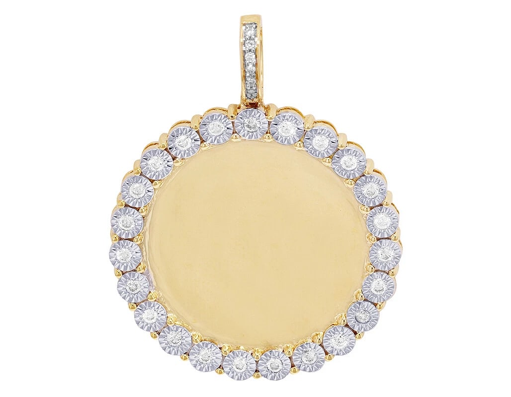 YELLOW GOLD DIAMOND ILLUSION SET MEMORY PENDANT: Yellow Gold Diamond Illusion Set Memory Pendant Brand: None Type: Necklace Material: 10k Yellow Gold, Main Stone/Creation Natural Color: Yellow Gold Size: Dimension 1.8" Accessories: None