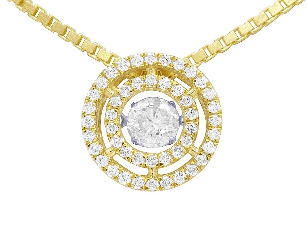 10K YELLOW GOLD DANCING REAL DIAMOND DOUBLE ROUND PENDANT: 10k Yellow Gold Dancing Real Diamond Double Round Pendant Brand: None Type: Pendant Material: 10k Yellow Gold, Main Stone/Creation Natural Color: Yellow Gold Size: Dimension 0.45" 