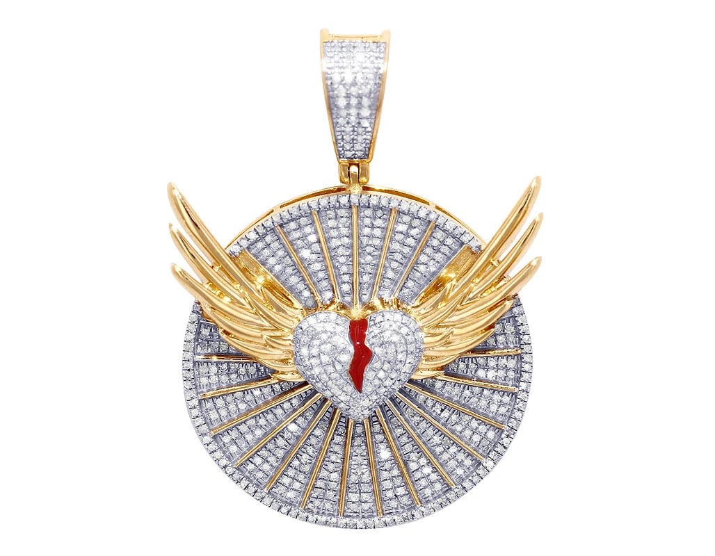 ANGEL HEART WING MEDALLION PENDANT: Angel Heart Wing Medallion Pendant Brand: None Type: Pendant Material: 10k Yellow Gold, Main Stone/Creation Natural Color: Yellow Gold Size: Dimension 1.8" Accessories: None Accessories