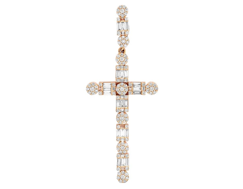 10K ROSE GOLD REAL DIAMOND CLUSTER BAGUETTE CROSS: 10K Rose Gold Real Diamond Cluster Baguette Cross Brand: None Type: Pendant Material: 10k Rose Gold, Main Stone/Creation Natural Color: Rose Gold Size: Dimension 2" Accessories: None Acces