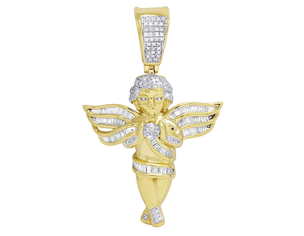 10K YELLOW GOLD REAL DIAMOND ANGEL BAGUETTE WING PENDANT: 10K Yellow Gold Real Diamond Angel Baguette Wing Pendant Brand: None Type: Pendant Material: 10k Yellow Gold, Main Stone/Creation Natural Color: Yellow Gold Size: Dimension 1.6" Accessories: None