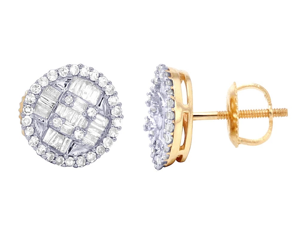 BAGUETTE REAL DIAMOND ROUND STUD EARRINGS: Baguette Real Diamond Round Stud Earrings Brand: None Type: Earrings Material: 10K Yellow Gold, Main Stone/Creation Natural Color: Yellow Gold Size: Dimension 9.8 mm Accessories: None Acce