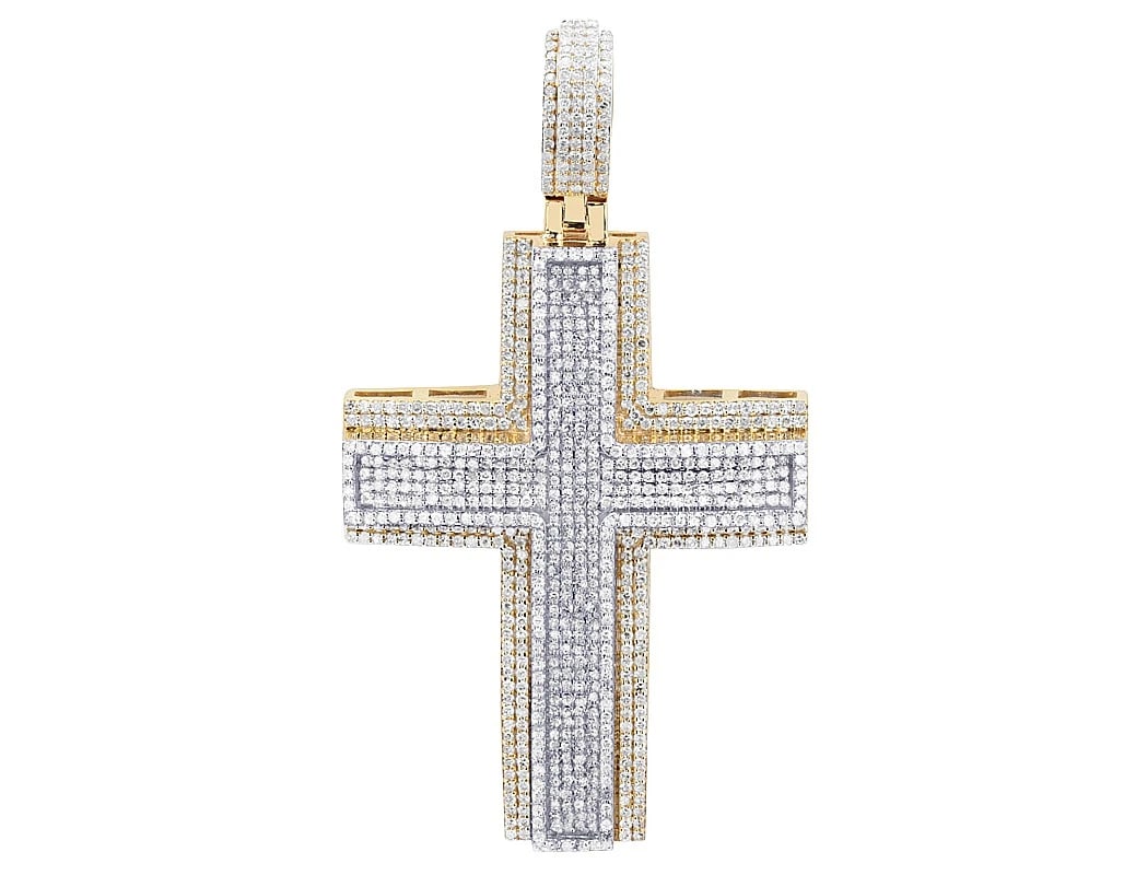 ICED-OUT CROSS PENDANT 10K YELLOW GOLD: Iced-Out Cross Pendant 10K Yellow Gold Brand: None Type: Pendant Material: 10k Yellow Gold, Main Stone/Creation Natural Color: Yellow Size: Dimension L 2.6", W 37.5 MM Accessories: None Ac