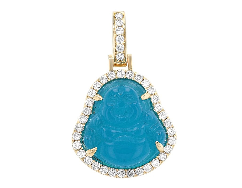 BUDDHA REAL DIAMOND BLUE SYNTHETIC JADE PENDANT 10K YELLOW GOLD (1 of 3)