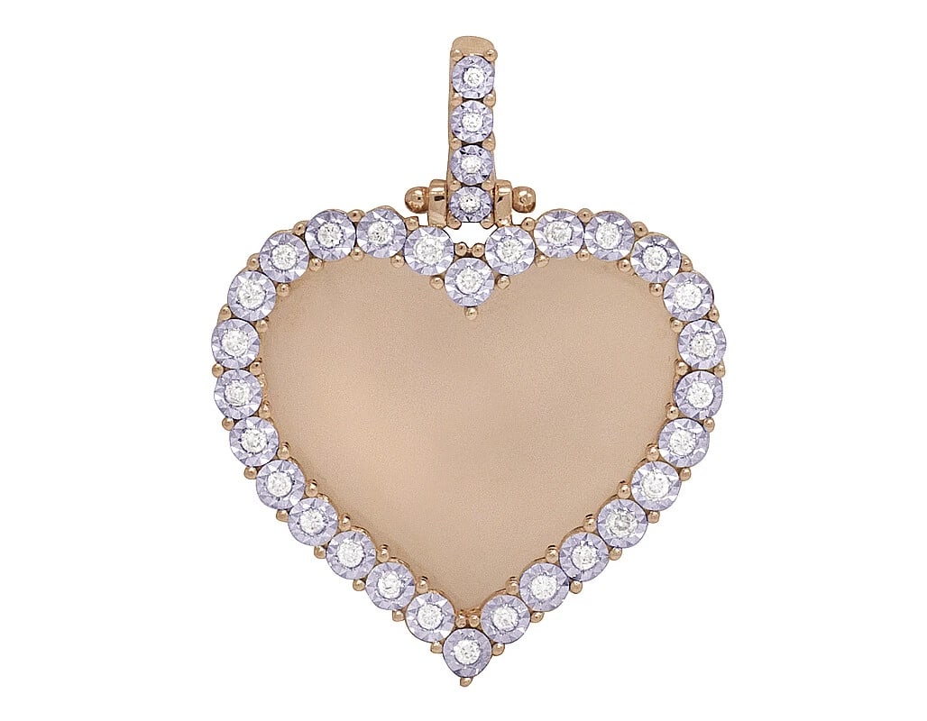 ROSE GOLD REAL DIAMOND MEMORY FRAME HEART ILLUSION SET PHOTO PENDANT: Rose Gold Real Diamond Memory Frame Heart Illusion Set Photo Pendant Brand: None Type: Necklace Material: 10k Rose Gold, Main Stone/Creation Natural Color: Rose Gold Size: Dimension 1.75" Accesso